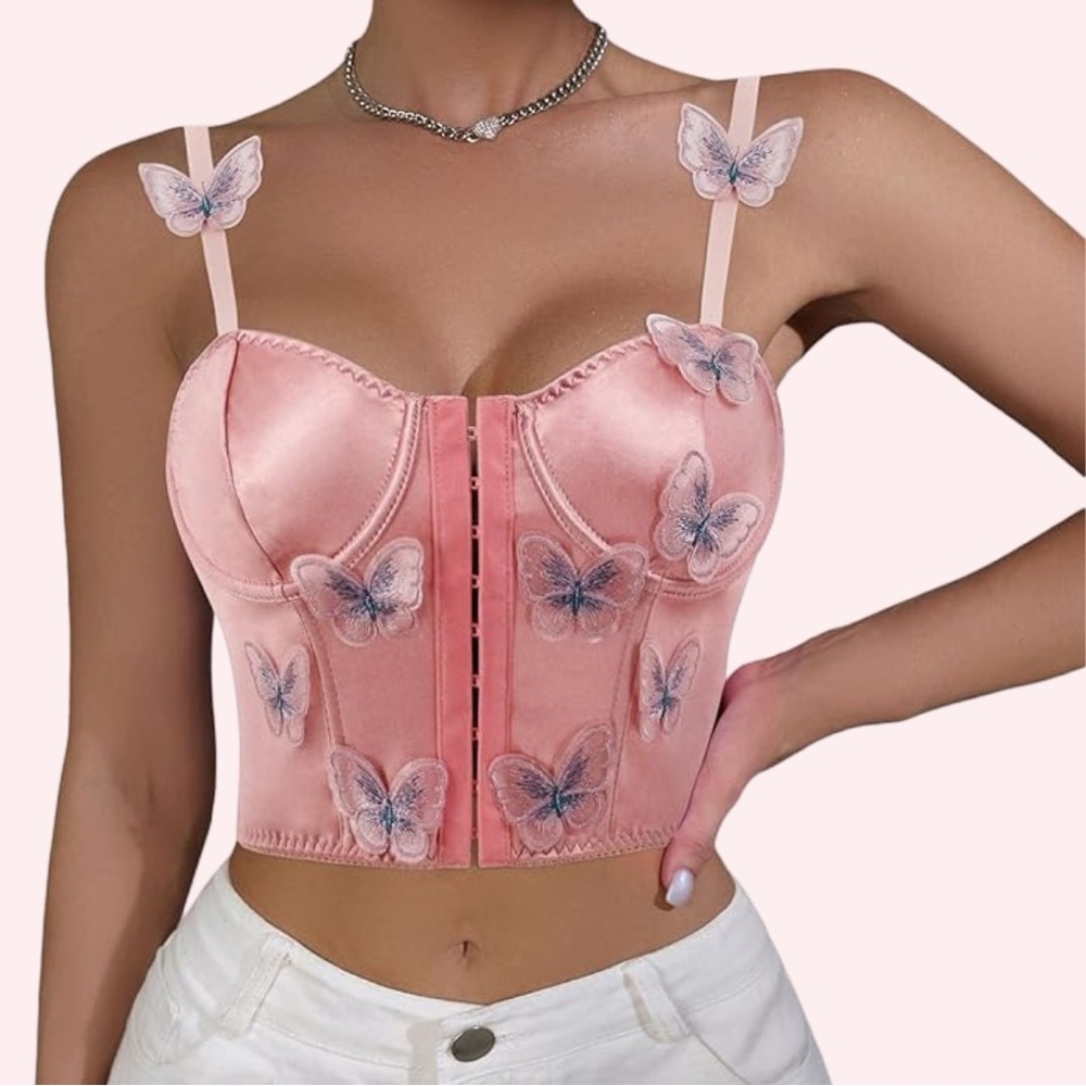 NWOT Butterfly Pink Corset Crop Top Satin Silk Bustier Women’s Tank Top size M
